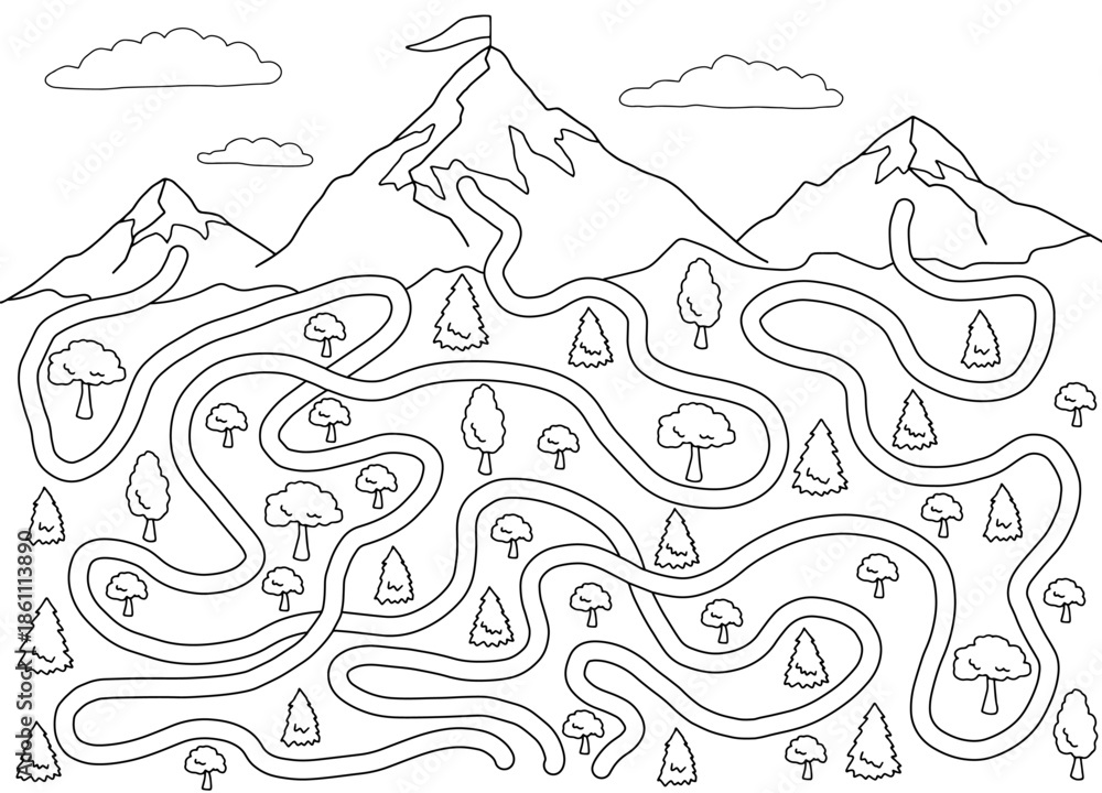 Fototapeta premium Mountain maze graphic black white sketch illustration vector 