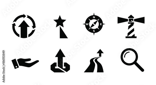 Collection of navigational and directional icons presented in a striking black silhouette