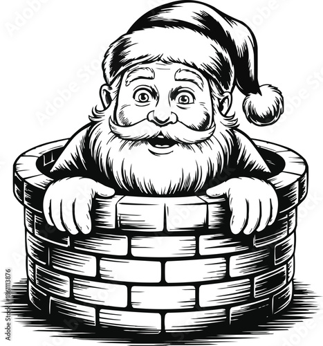 Surprised Santa Stuck in Chimney Christmas Engraving Illustration