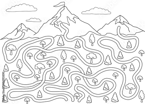 Mountain maze graphic black white sketch illustration vector 