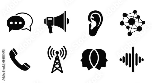Communication icons depicting speech listening connection and networking in a dark silhouette
