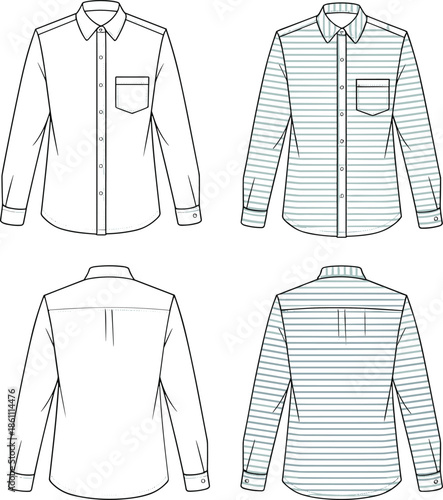 Technical fashion flat sketch of men's button down shirt in solid white and striped patterns with front and back views