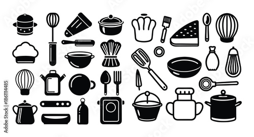 Minimalist kitchen utensils and cooking tools icon set black silhouette flat vector illustration isolated on white background