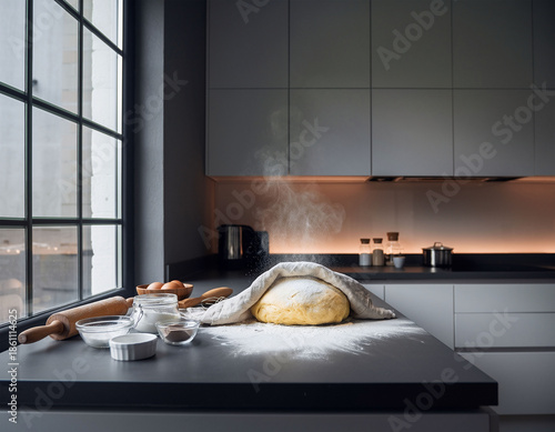 Homemade baking preparation with dough, rolling pin and ingredients on kitchen counter by window