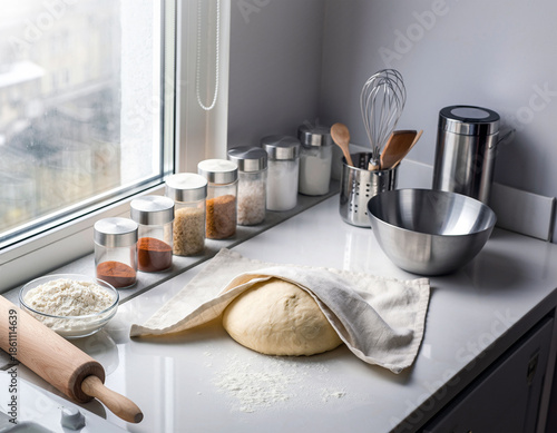 Homemade baking preparation with dough, rolling pin and ingredients on kitchen counter by window