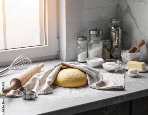 Homemade baking preparation with dough, rolling pin and ingredients on kitchen counter by window