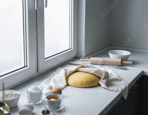 Homemade baking preparation with dough, rolling pin and ingredients on kitchen counter by window