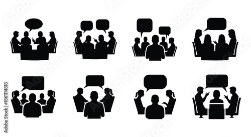 Groups of people communicating with speech bubbles various sizes and arrangements black silhouette