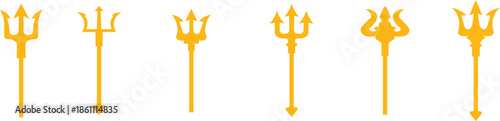 Trident Flat Style Vector Icon Set, Mythology Weapon Symbol Collection and Ancient Outline Graphic Group Featuring Trishul, Spear and Fork Emblem Designs