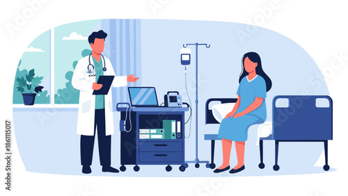 Medical consultation in hospital room illustration, doctor and patient discussing health condition vector art