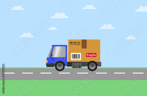 Flat vector illustration of a delivery truck transporting a cardboard package labeled fragile on a road under a blue sky.