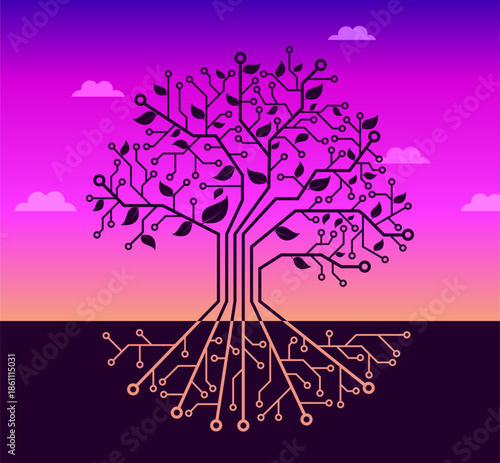 Abstract vector illustration of a tree made of electronic circuits, symbolizing the connection between nature and modern technology. Concept of artificial intelligence