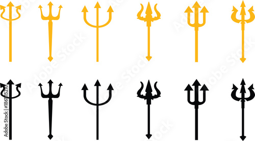 Trident Flat Style Vector Icon Set, Mythology Weapon Symbol Collection and Ancient Outline Graphic Group Featuring Trishul, Spear and Fork Emblem Designs
