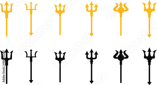 Trident Flat Style Vector Icon Set, Mythology Weapon Symbol Collection and Ancient Outline Graphic Group Featuring Trishul, Spear and Fork Emblem Designs