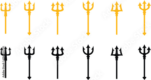 Trident Flat Style Vector Icon Set, Mythology Weapon Symbol Collection and Ancient Outline Graphic Group Featuring Trishul, Spear and Fork Emblem Designs
