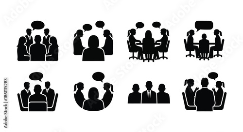 group of people in meetings and discussions depicted as a stark black silhouette
