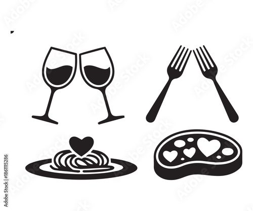 romantic dinner and date night icons for valentine restaurant menu