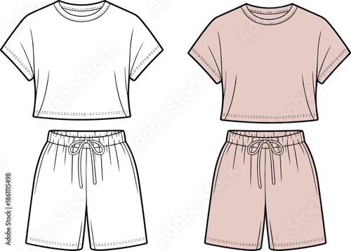 Technical flat sketch of women's loungewear set including cropped t-shirt and drawstring shorts in white and pink color fashion templates