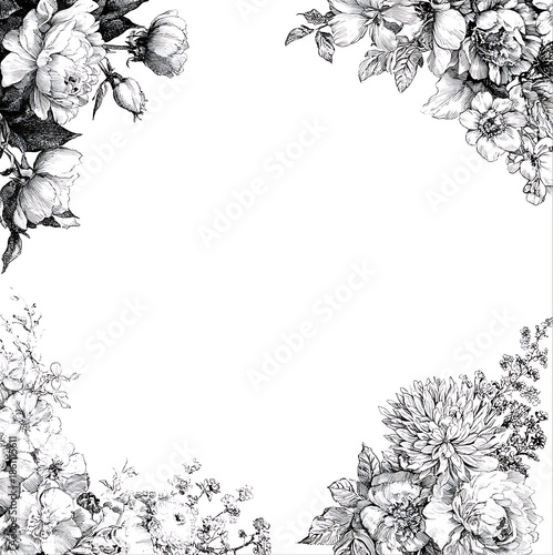 flowers and flora hand drawings, white background drawings of flowers as a borders of a page all four corners and all four sides, continuous drawings of flowers in FLORA.