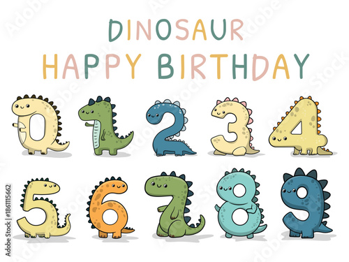 cute numberic birthday dinosaur hand drawn Vector Set