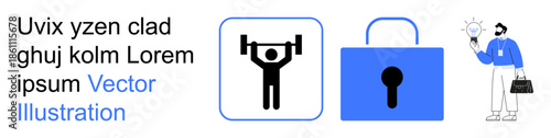 Fitness, innovation, security, personal development, health, technology. Person lifting weights, lock icon creative thinker. Fitness and innovation concepts with icons