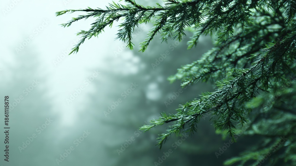 Obraz premium Lush Green Spruce Branches in Misty Forest with Soft Focus Background and Natural Light Filtering Through the Trees, Creating a Serene Atmosphere