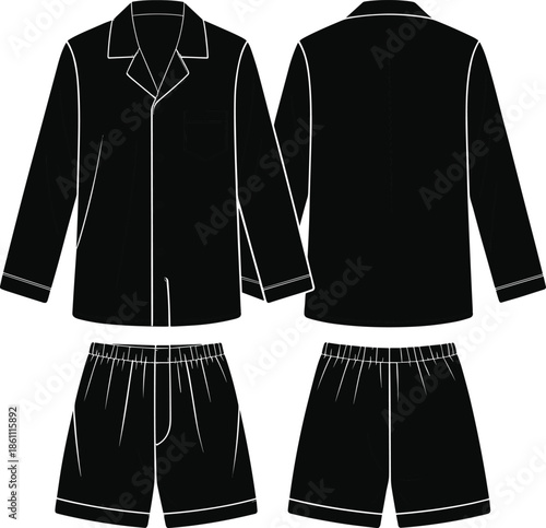Vector Flat Technical Sketch of Men Pajamas Set with Long Sleeve Button Up Shirt and Elastic Waist Shorts Fashion Template