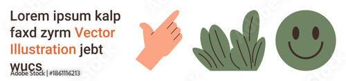 Communication, positivity, nature, eco-friendly concepts, user interface, and simplicity. A hand gesture, green leaves and a green happy face icon on a plain background. Communication and positivity