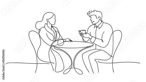 One line drawing of a man and woman engaged in conversation, showcasing their interaction and connection..eps