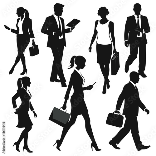 Business People Walking Silhouette Set with Briefcase and Mobile