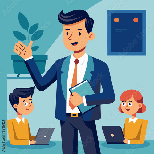 Teacher Explaining Lesson to Students in Classroom Presentation Flat Illustration