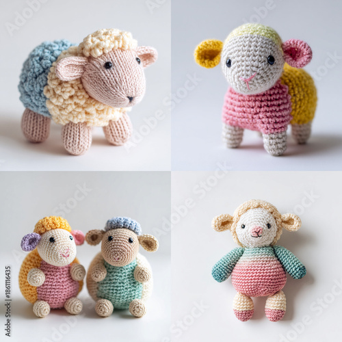 Whimsical knitted sheep toys in vibrant colors, bringing cheerful charm to any space.
