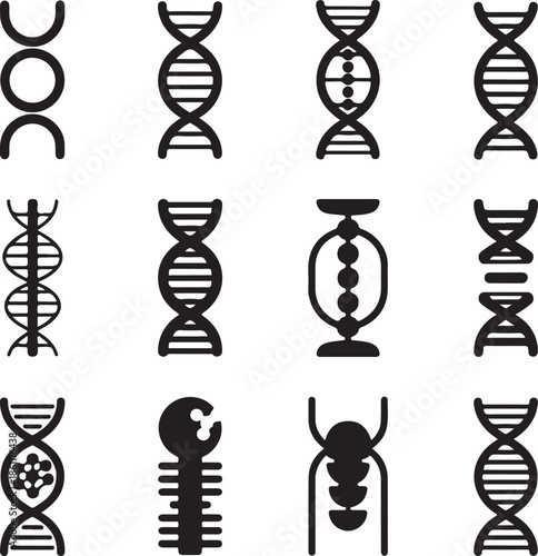 Black DNA icons and symbols on white background