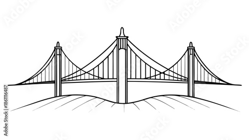 Minimalist continuous line art of the Golden Gate Bridge, highlighting its distinctive shape and architectural features..eps