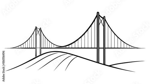 Continuous line drawing of the Golden Gate Bridge, showcasing its iconic towers and suspension cables in a minimalist style..eps