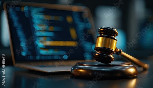 Close-up of gavel on stand near laptop showing computer code, reflecting justice and technology