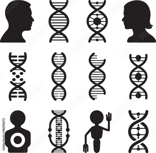Black silhouettes of people and DNA icons on white background