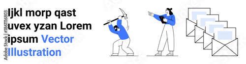 Two team members, one editing and the other directing, collaborate near a stack of envelopes. Ideal for teamwork, communication, content management, email marketing, leadership, coordination