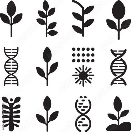 Black silhouettes of plants and DNA icons on white background