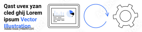 Tablet screen with chart and pie, refresh arrow, and gear icon representing data, workflow, and optimization. Ideal for analytics, tech, strategy, and efficiency scenes to simple landing page
