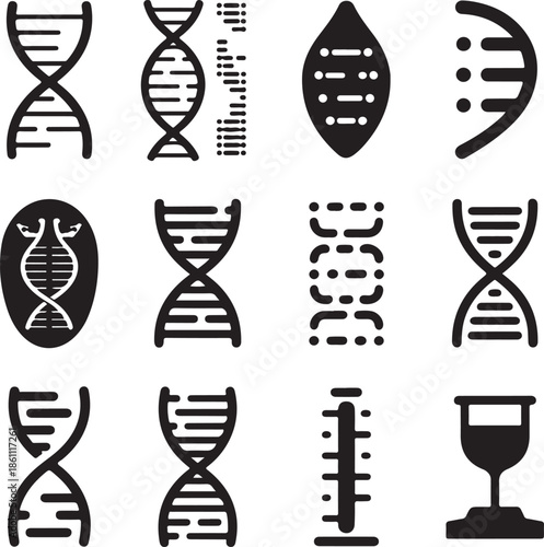 Black and white DNA genetic science symbols and icons set