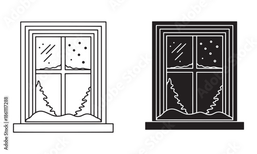 Frosted Winter Window Icon in Outline and filled Vector