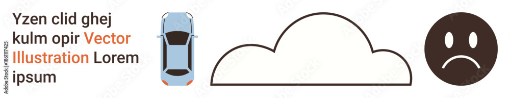 Fototapeta premium Transportation, weather conditions, emotional state, environmental impact, travel safety, mood expression. Seen are a car, a cloud and a sad face. Transportation and weather conditions concepts