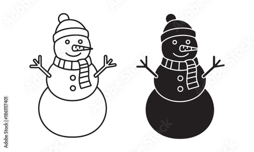 Snowman with Scarf Icon in Outline and filled Vector