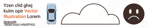 Transportation, weather conditions, emotional state, environmental impact, travel safety, mood expression. Seen are a car, a cloud and a sad face. Transportation and weather conditions concepts