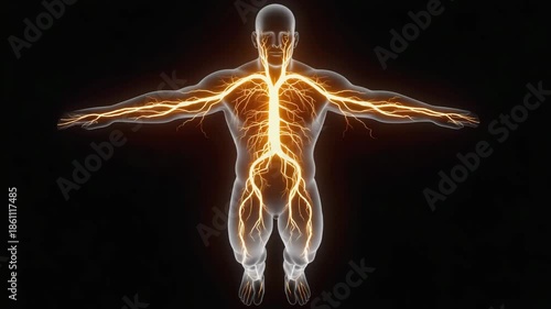 Human Body Nervous System Anatomy Illustration with Electric Energy Flow and Vibrant Orange Lighting Effects 4k hd video download