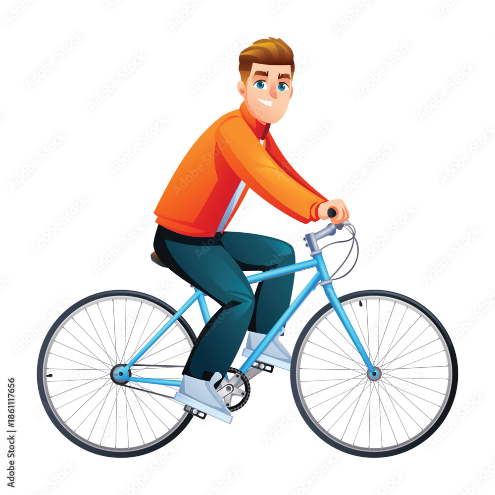 Naklejka premium Happy young man in jacket riding bicycle for healthy urban lifestyle. Vector cartoon character illustration