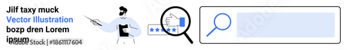 Business analysis, brand reputation, user reviews, digital search, online visibility, consumer feedback. A man pointing to data, a magnifying glass on a rating and a search bar. Business analysis