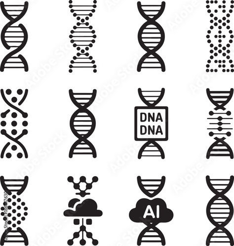 Black and white DNA icons on white background