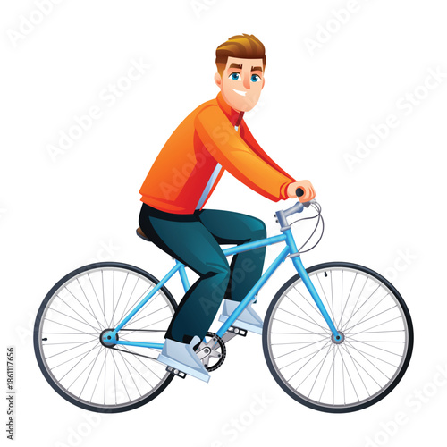 Happy young man in jacket riding bicycle for healthy urban lifestyle. Vector cartoon character illustration